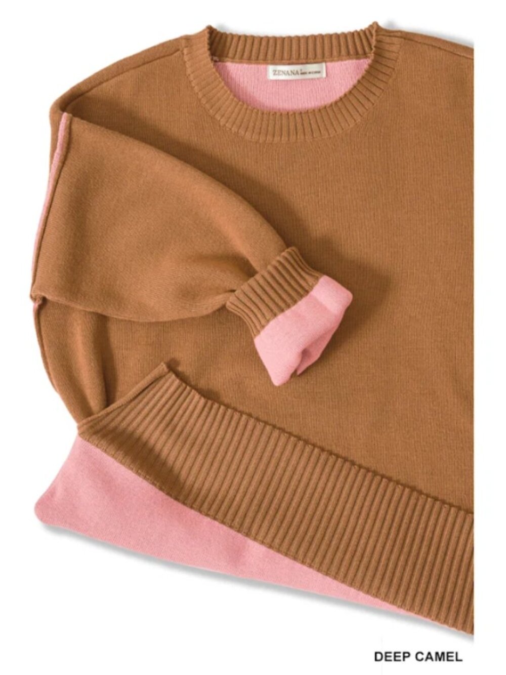 Round Neck Contrast Trim Sweater- Camel/Pink - size small